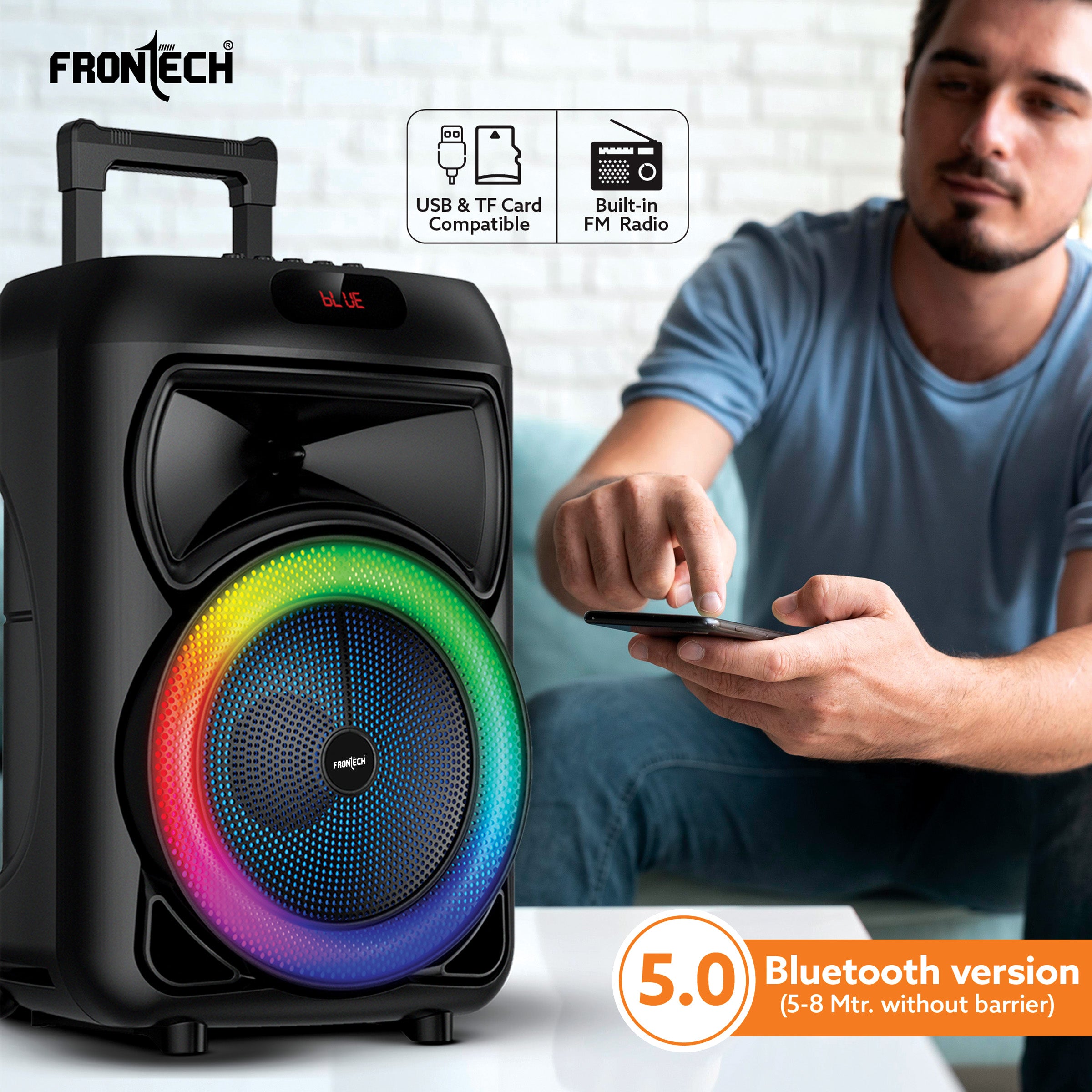 Frontech Encore Multimedia Wireless Trolley Speaker - 30W Output, Bluetooth 5.0, LED Display, Disco Light, Wheels, Handle - (SW-0136) Frontech Encore Multimedia Wireless Trolley Speaker - 30W Output, Bluetooth 5.0, LED Display, Disco Light, Wheels, Handle - (SW-0136)